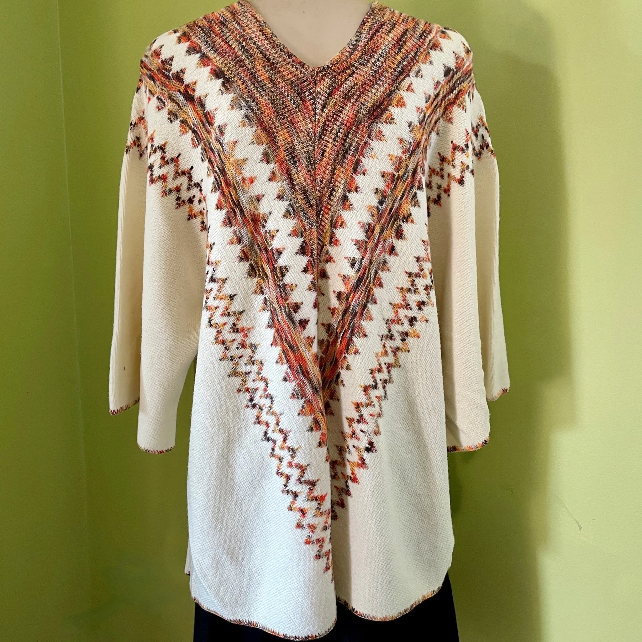 1990's Women's Funky Retro Orange Cream V-neck Knit Jumper Zig Zag Design 3/4 Sleeve Sz M - OOAK