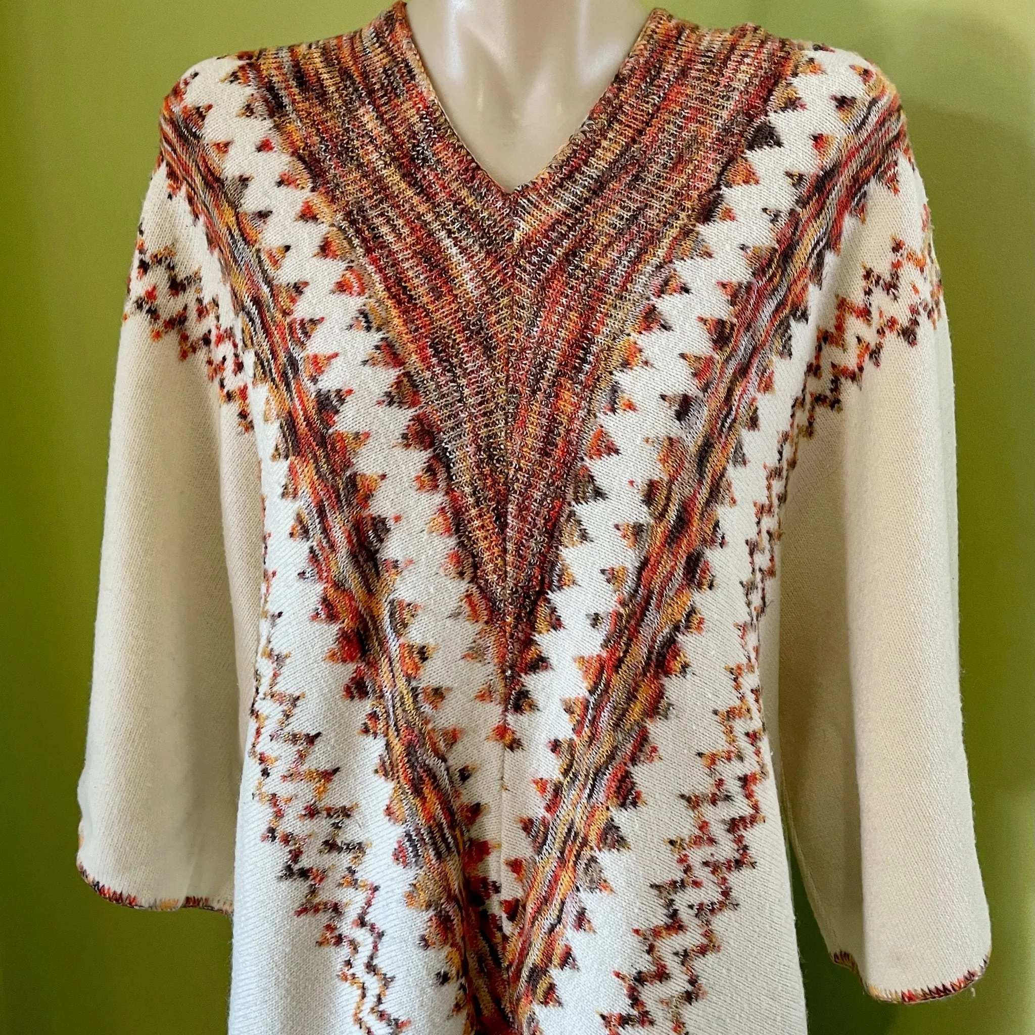 1990's Women's Funky Retro Orange Cream V-neck Knit Jumper Zig Zag Design 3/4 Sleeve Sz M - OOAK