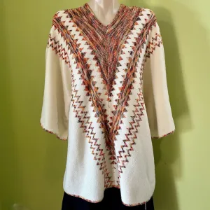 1990's Women's Funky Retro Orange Cream V-neck Knit Jumper Zig Zag Design 3/4 Sleeve Sz M - OOAK