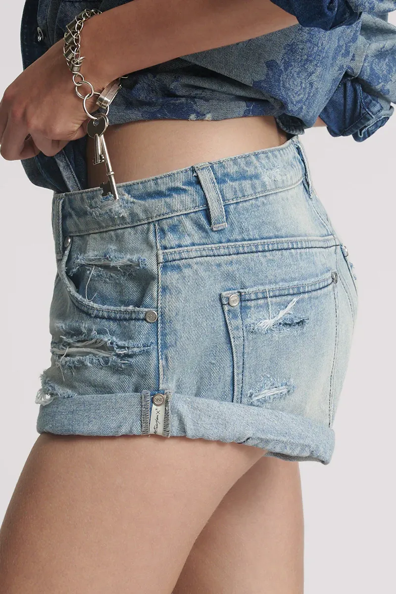 Bandits Low Waist Messed Up Denim Shorts - Salty Dog Blue