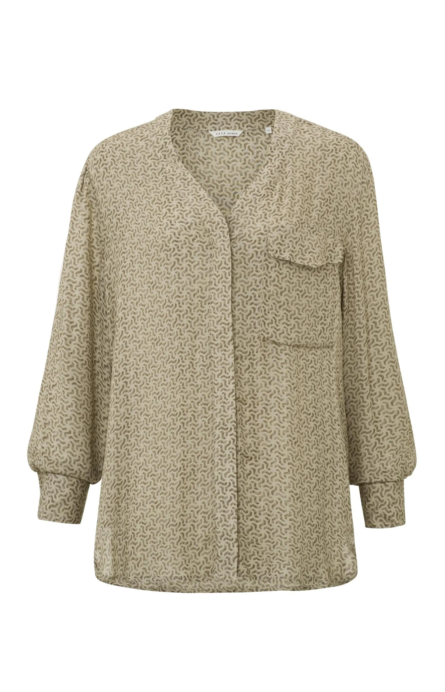 Blouse with V-neck, long sleeves, chest pocket and print