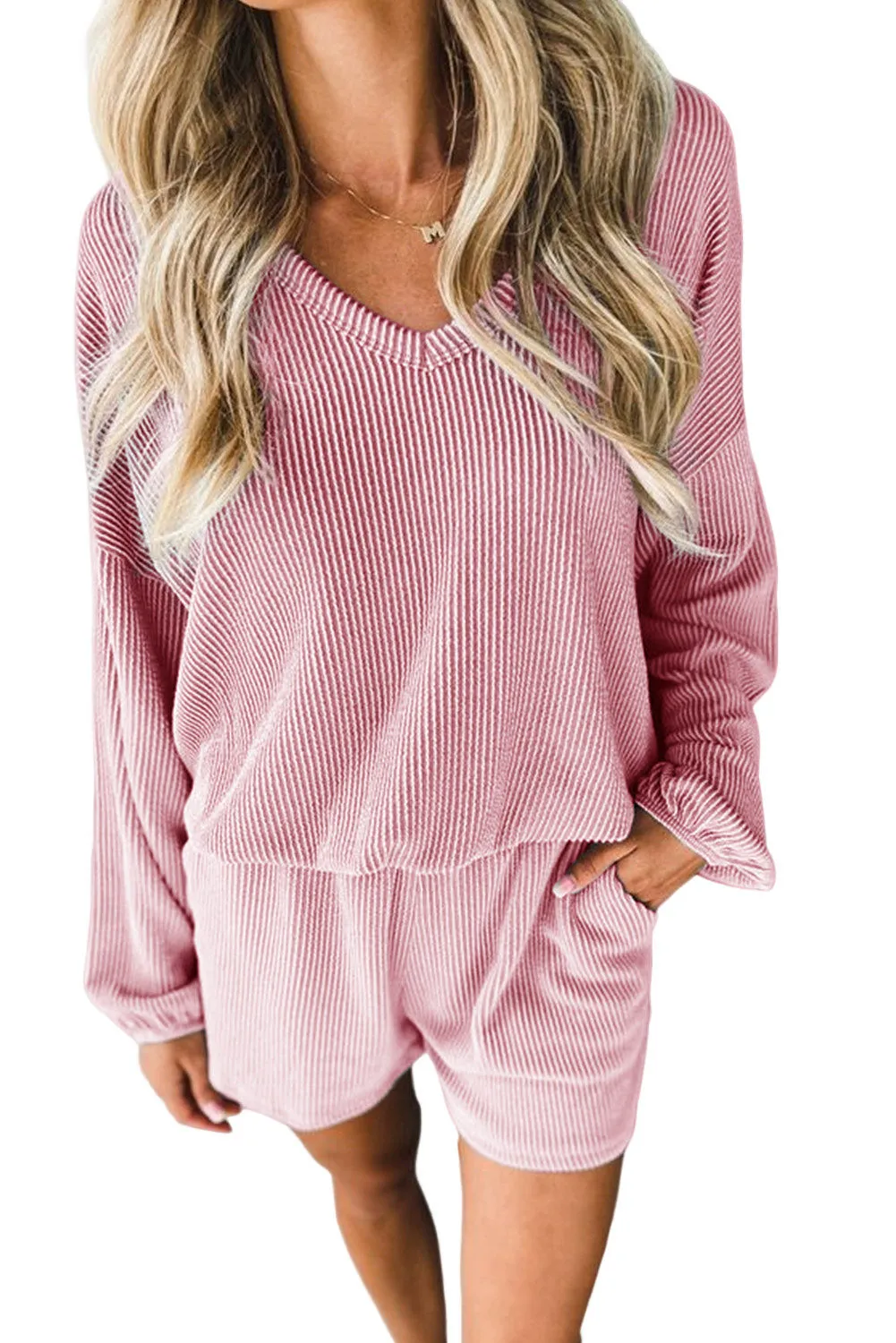 Corded V Neck Slouchy Top Pocketed Shorts Set