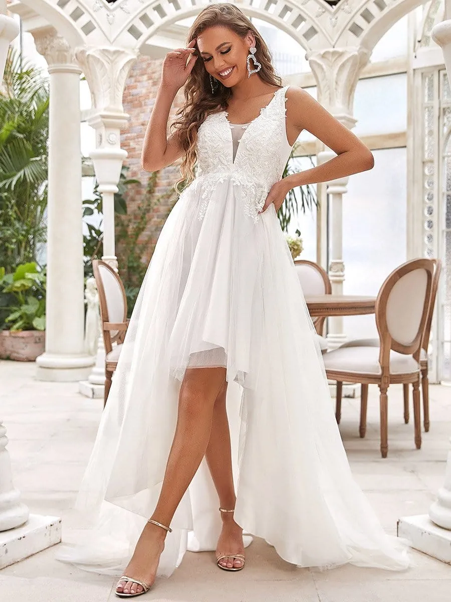 Deep V Neck Applique High-low Wedding Dress