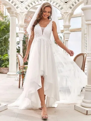 Deep V Neck Applique High-low Wedding Dress