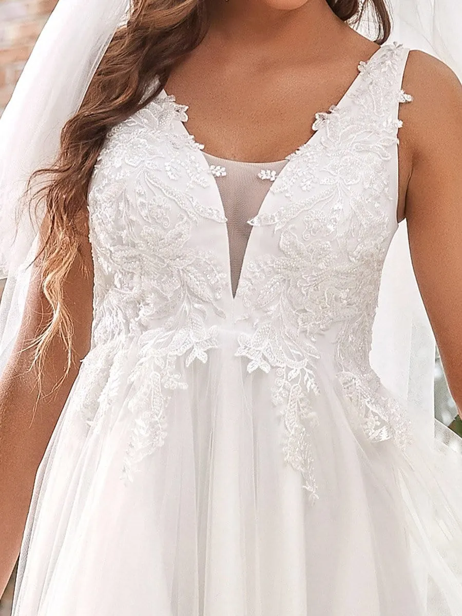 Deep V Neck Applique High-low Wedding Dress
