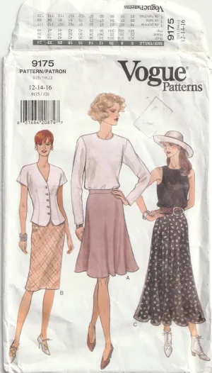 Flared or Straight Skirt - Waist 67-71 cm - Vintage Pattern - Vogue 9175 - 1995