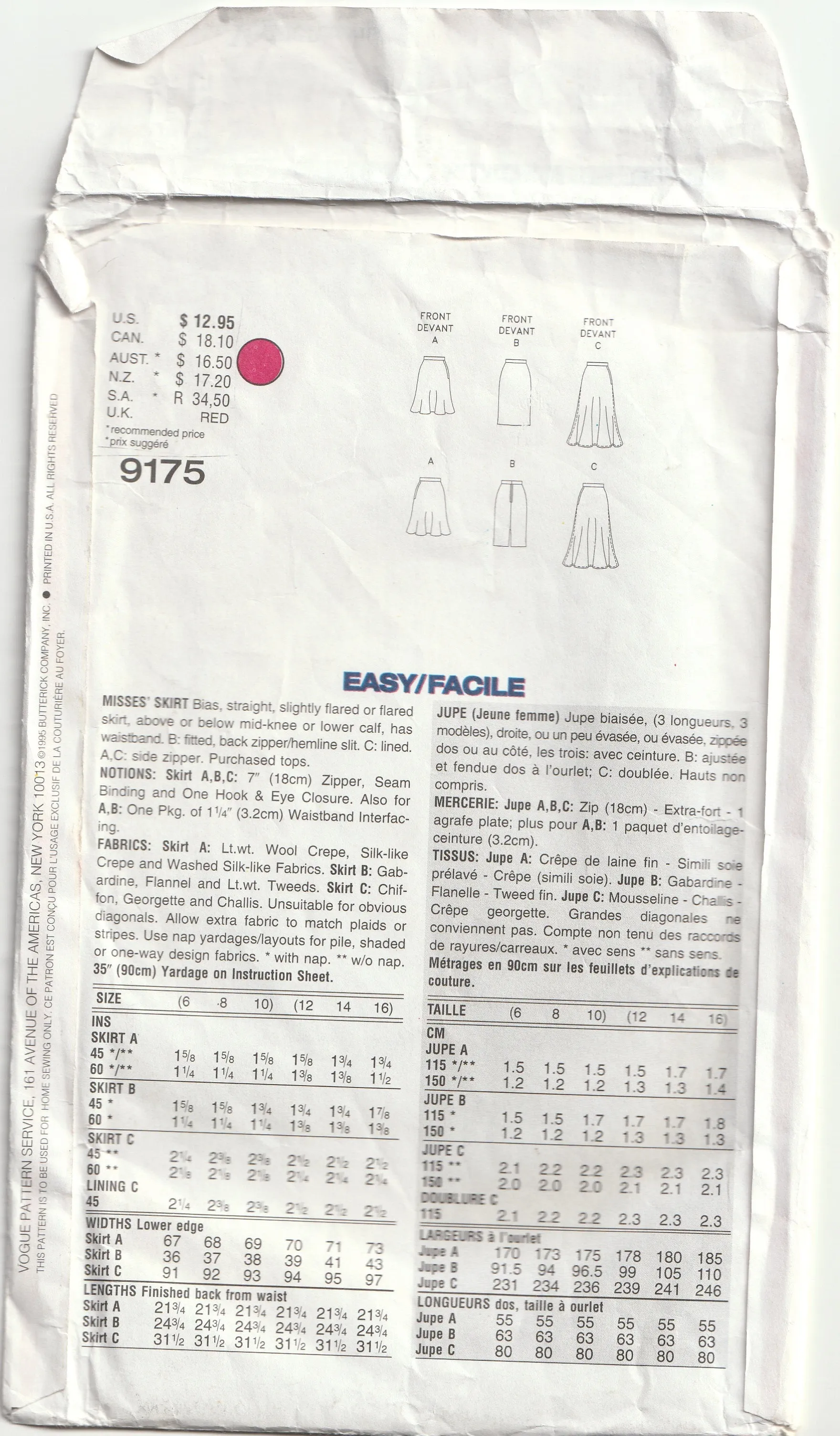 Flared or Straight Skirt - Waist 67-71 cm - Vintage Pattern - Vogue 9175 - 1995