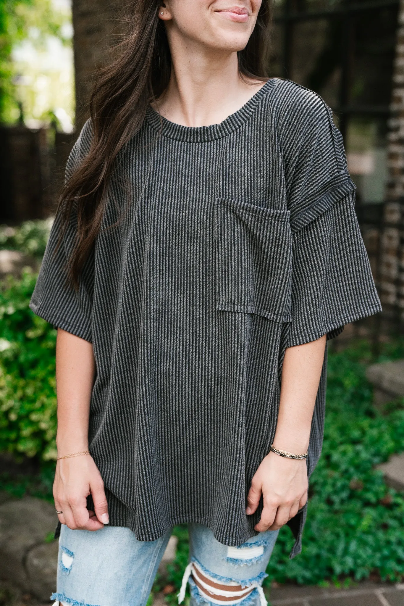 Forever Timeless Relaxed Ribbed Top- Charcoal