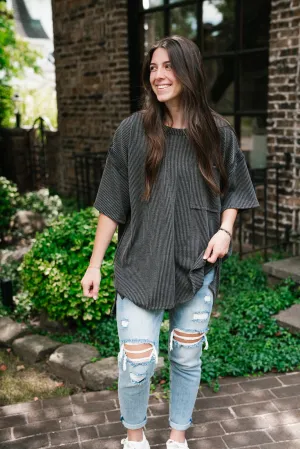 Forever Timeless Relaxed Ribbed Top- Charcoal