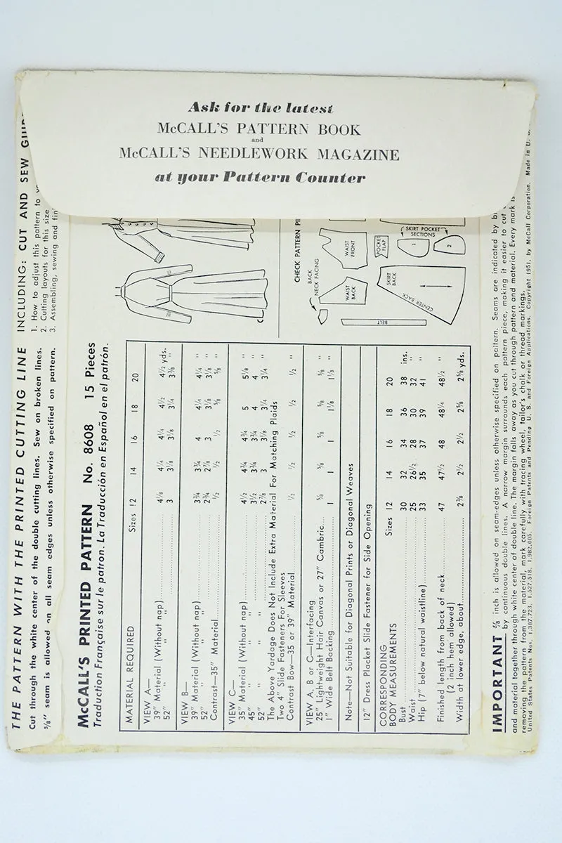McCalls 8608 Vintage 1951 Dress Sewing Pattern