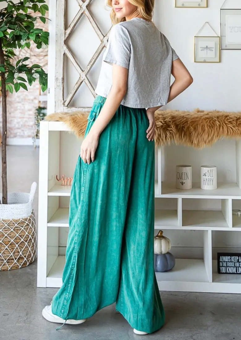Mineral Washed Color Tencel 3D Pocket Wide Green Pants By Oli & Hali