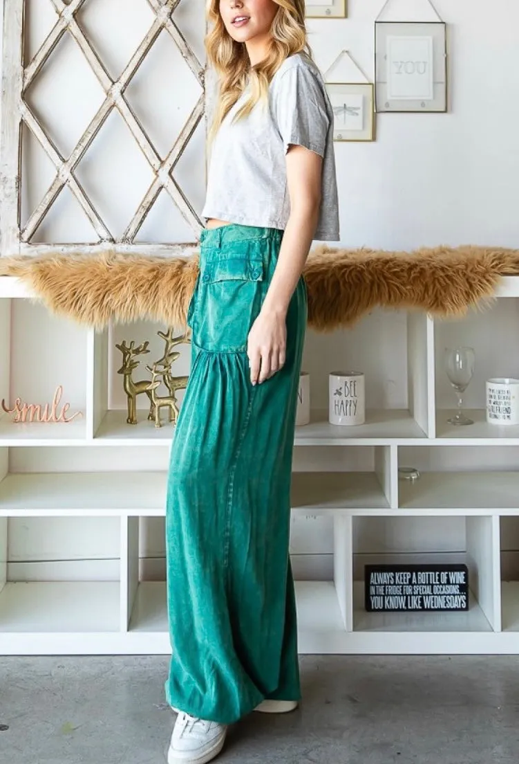 Mineral Washed Color Tencel 3D Pocket Wide Green Pants By Oli & Hali