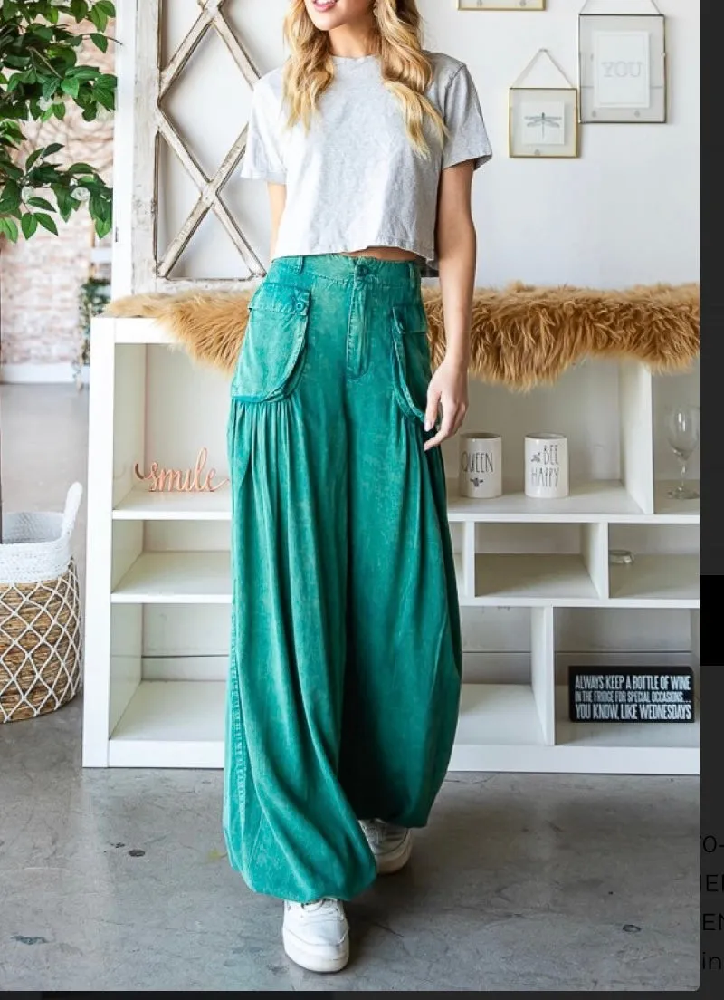 Mineral Washed Color Tencel 3D Pocket Wide Green Pants By Oli & Hali