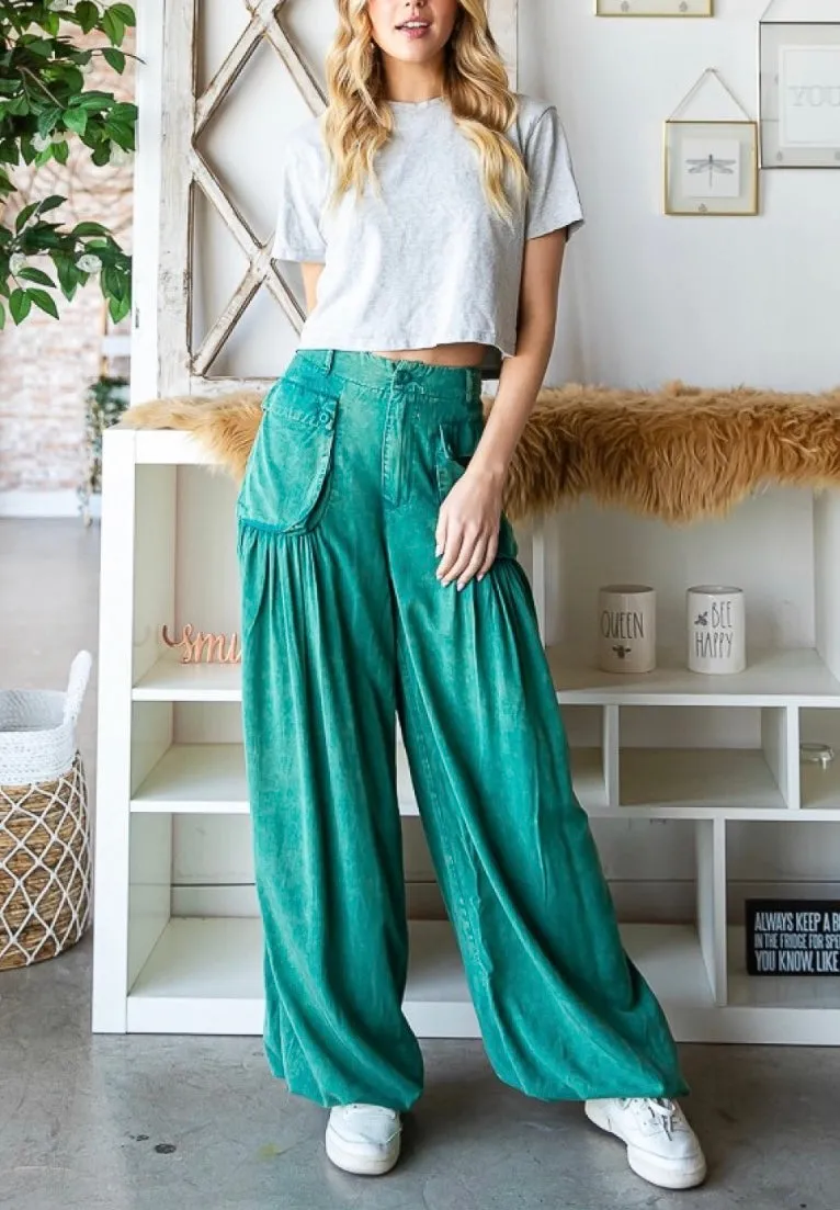 Mineral Washed Color Tencel 3D Pocket Wide Green Pants By Oli & Hali