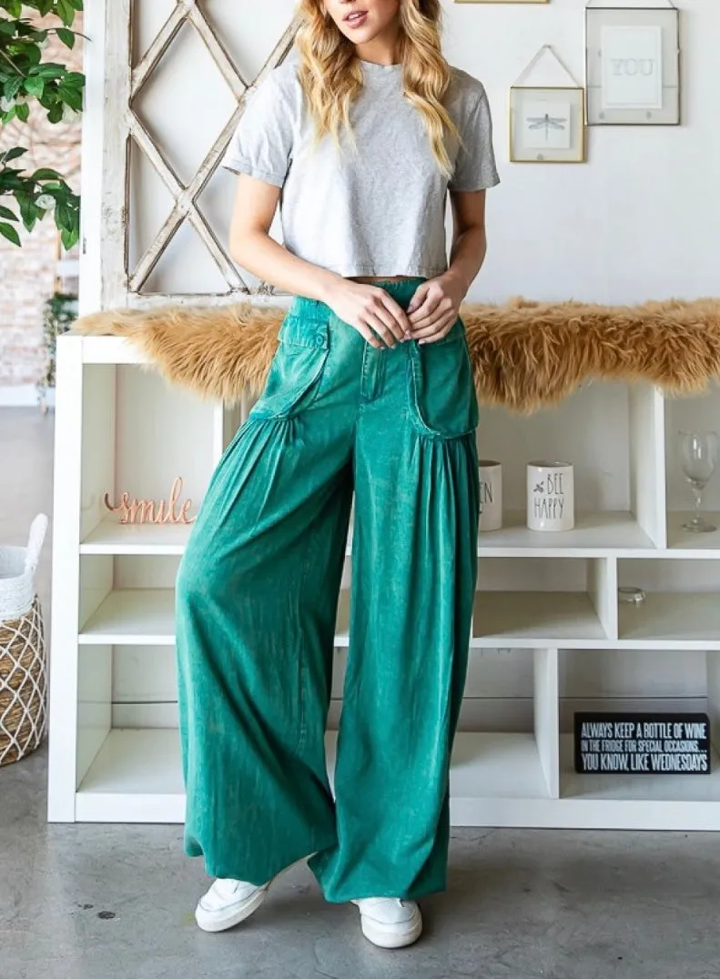 Mineral Washed Color Tencel 3D Pocket Wide Green Pants By Oli & Hali