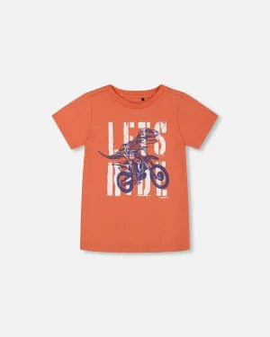 Organic Cotton Graphic Tee Orange And Navy Dino