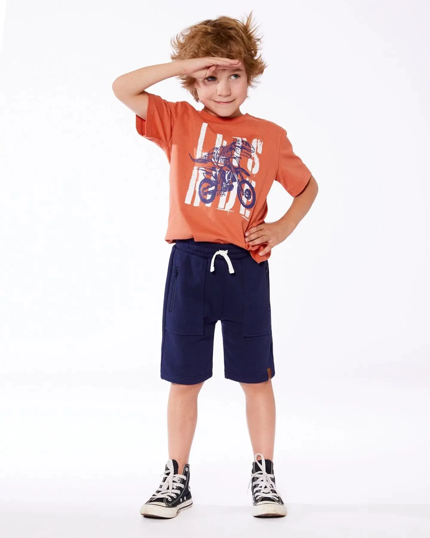 Organic Cotton Graphic Tee Orange And Navy Dino