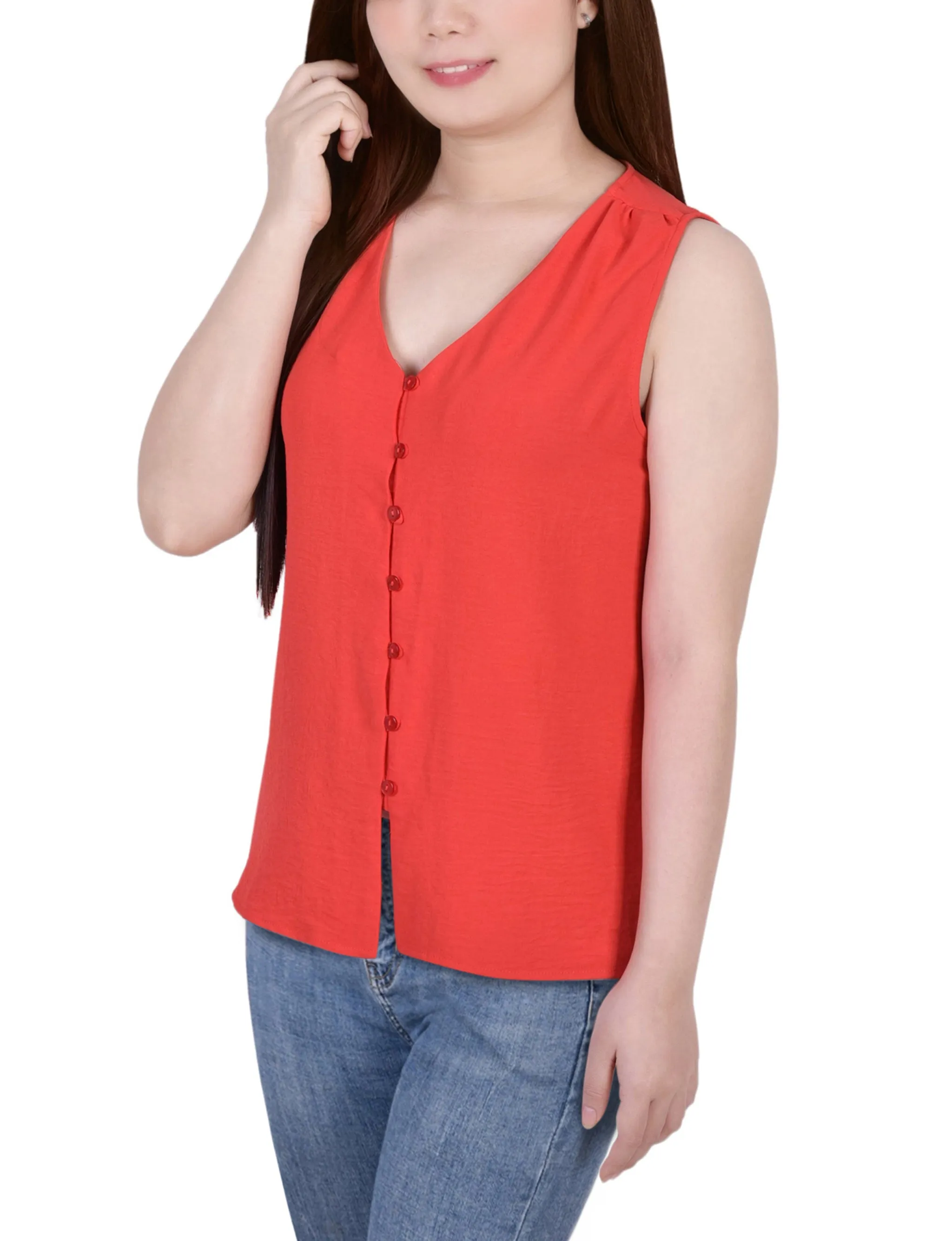 Petite Sleeveless Button Front Blouse