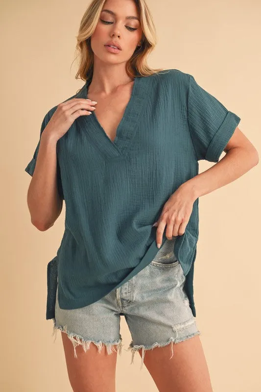 Side Slit V-Neck Short Sleeve Blouse