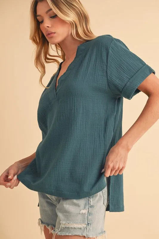 Side Slit V-Neck Short Sleeve Blouse