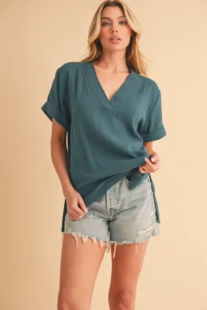 Side Slit V-Neck Short Sleeve Blouse