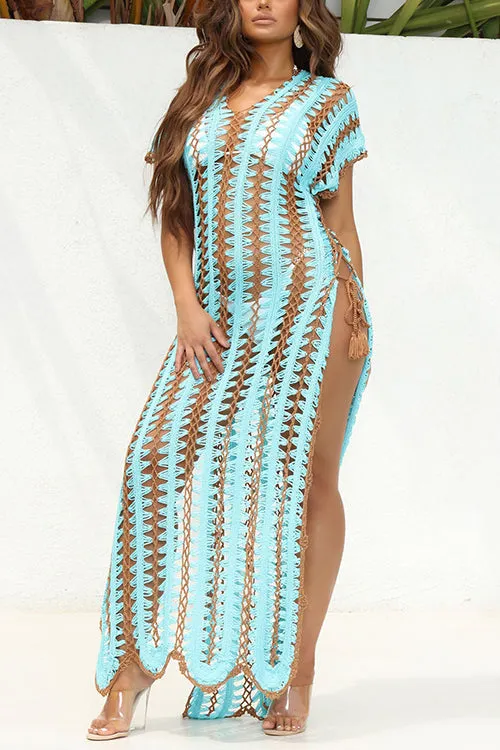 Stripe V Neck Side Slit Hollow Caftan Dress