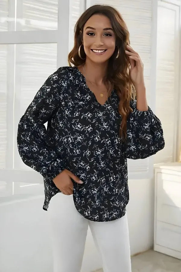 V-Neck Floral Ditsy Print Blouse