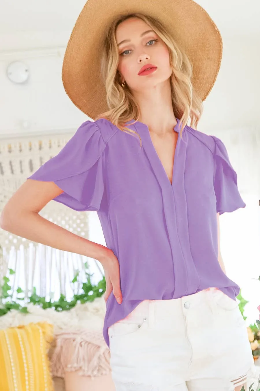 Vicki, V-neck Tulip Sleeves Woven Crepe Blouse